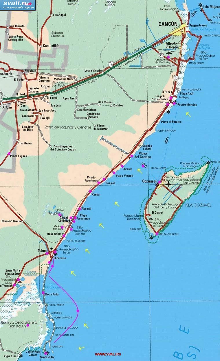 Карта курортного побережья Ривьера-Майя, Мексика (исп.)