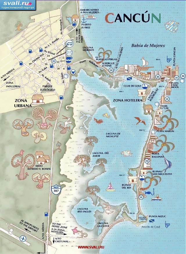 Туристическая карта курорта Канкун (Cancun), Мексика (исп.)