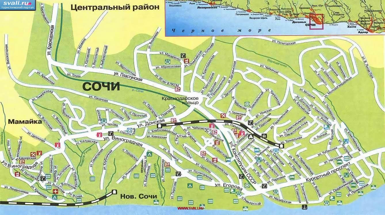 Карта центрального района Сочи, Россия.