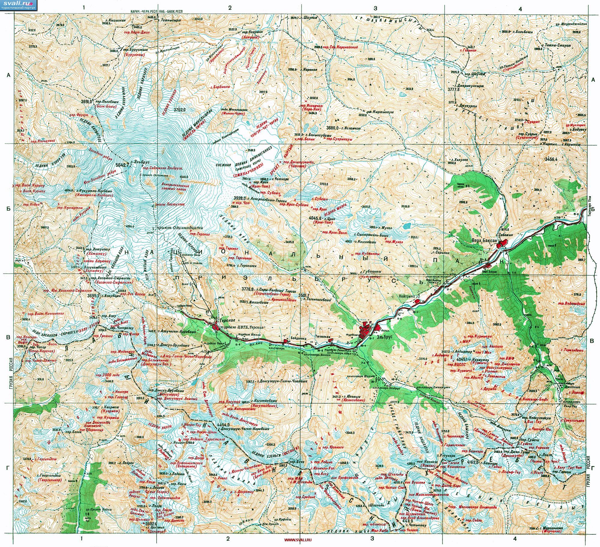 Топографическая карта Приэльбрусья (Терскол, Эльбрус), Россия.