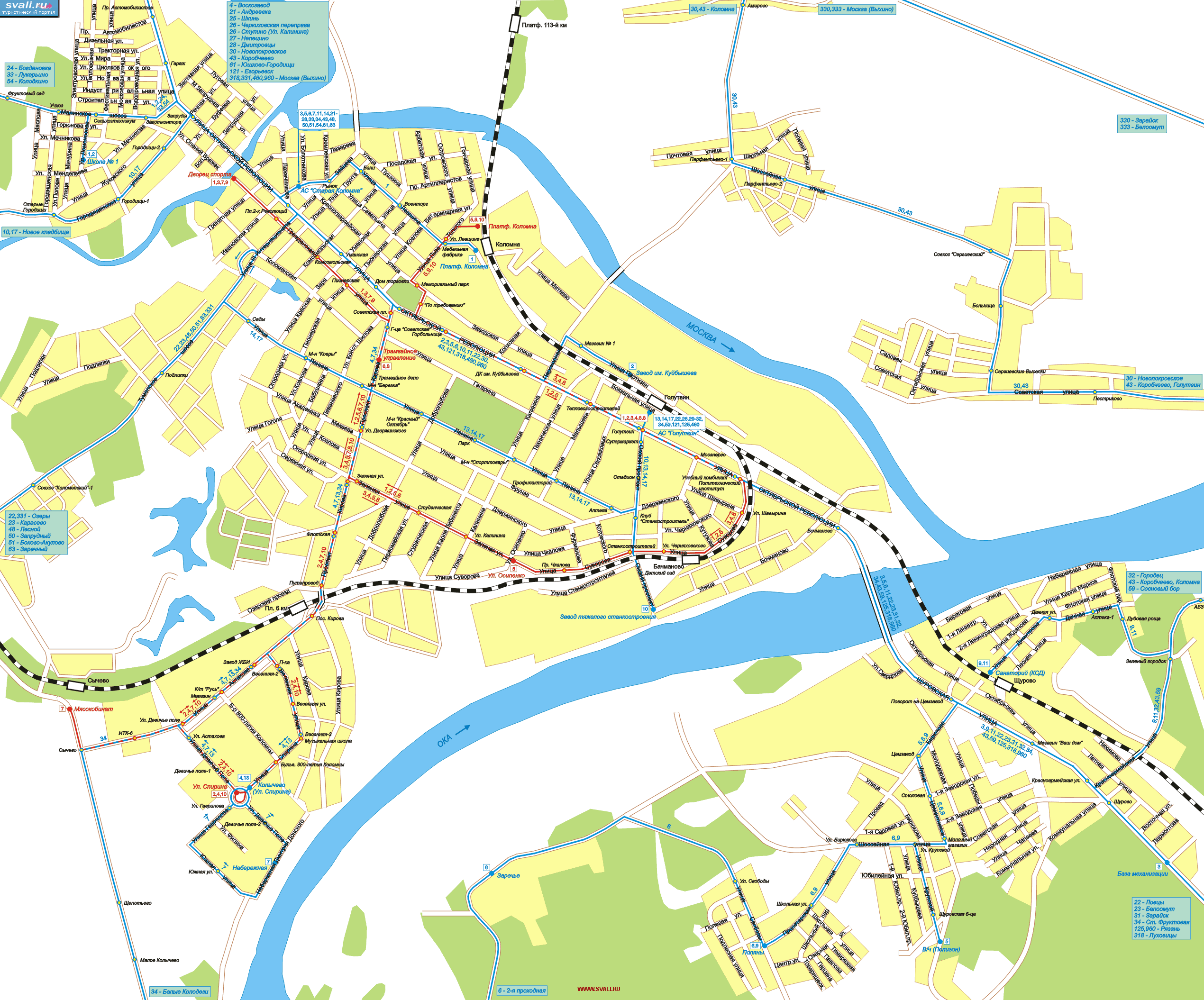 Карта Коломны с маршрутами общественного транспорта.