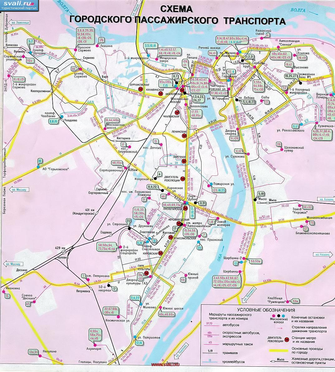 Карта маршрутов городского транспорта Нижнего Новгорода, Нижегородская область, Россия.