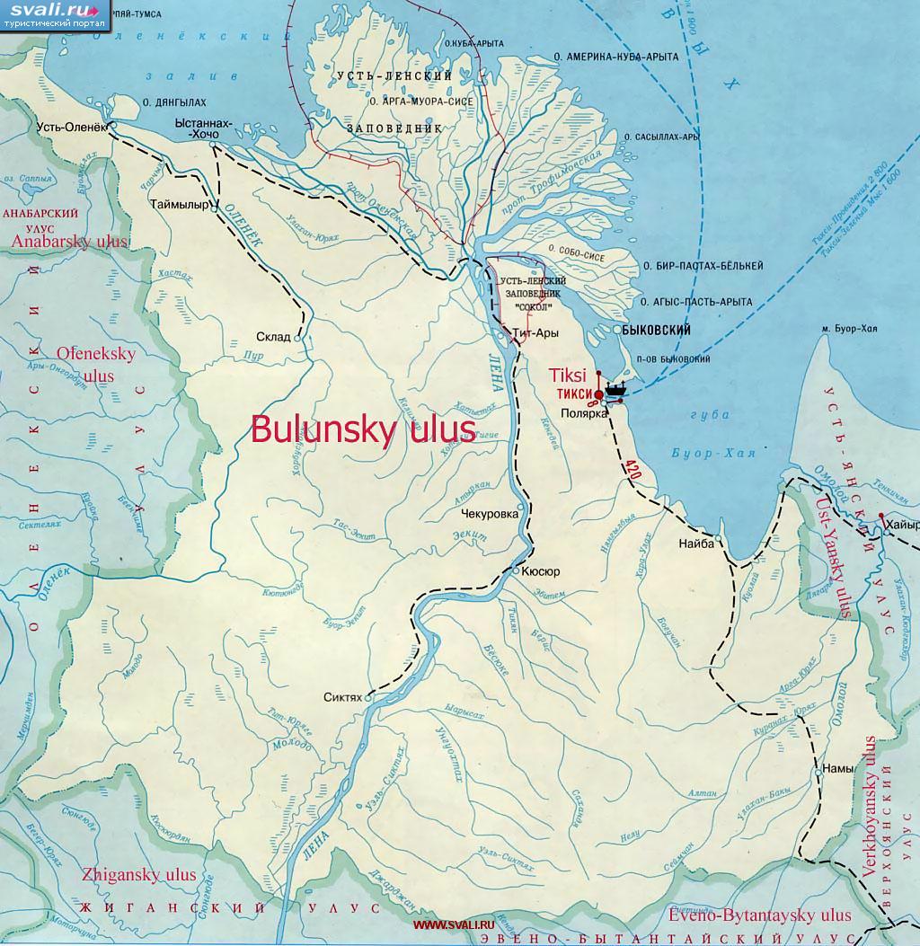 Карта Булунского улуса (Тикси, Усть-Ленский заповедник), Якутия, Россия.