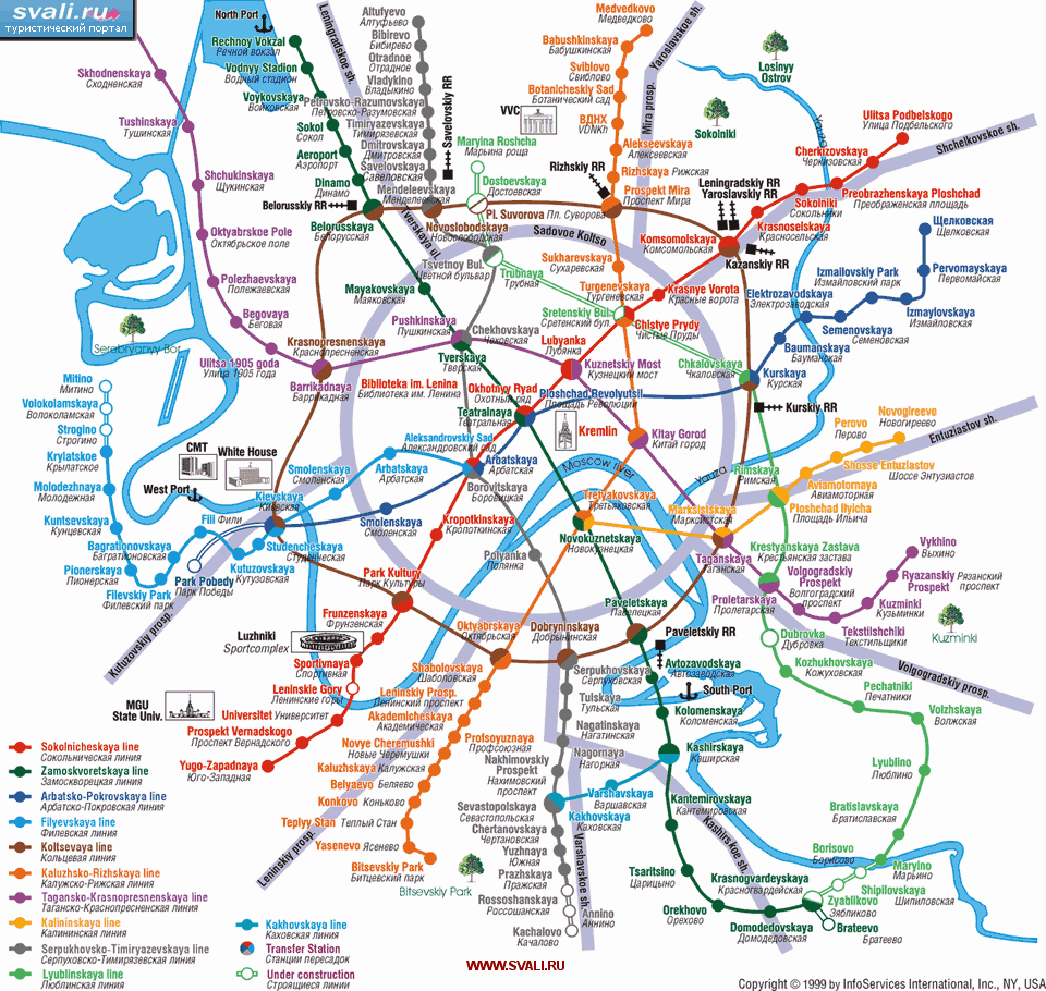 Схема метро Москвы с обозначениями главных  достопримечательностей, Россия.