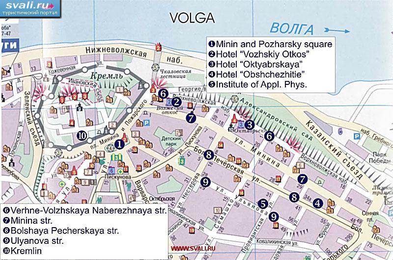 Туристическая карта центра Нижнего Новгорода, Нижегородская область, Россия.