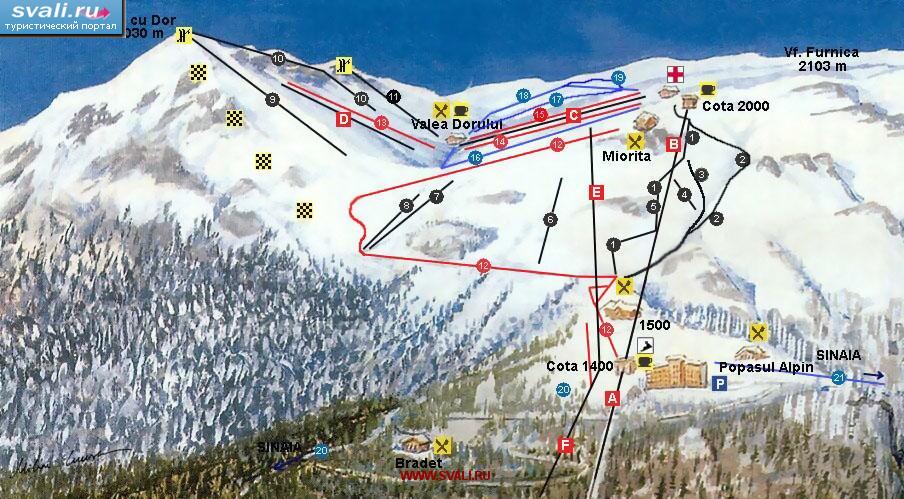 Схема трасс горнолыжного курорта Синая (Sinaia), Румыния.