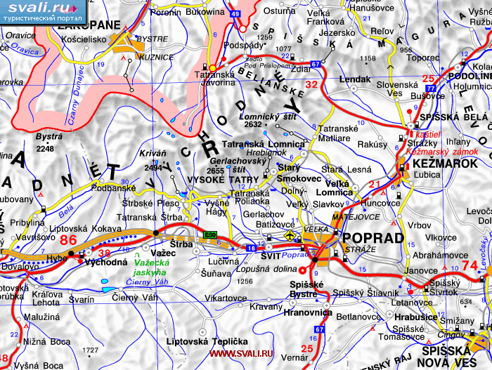 Карта автодорог в окрестностях Высоких Татр, Словакия (слов.)